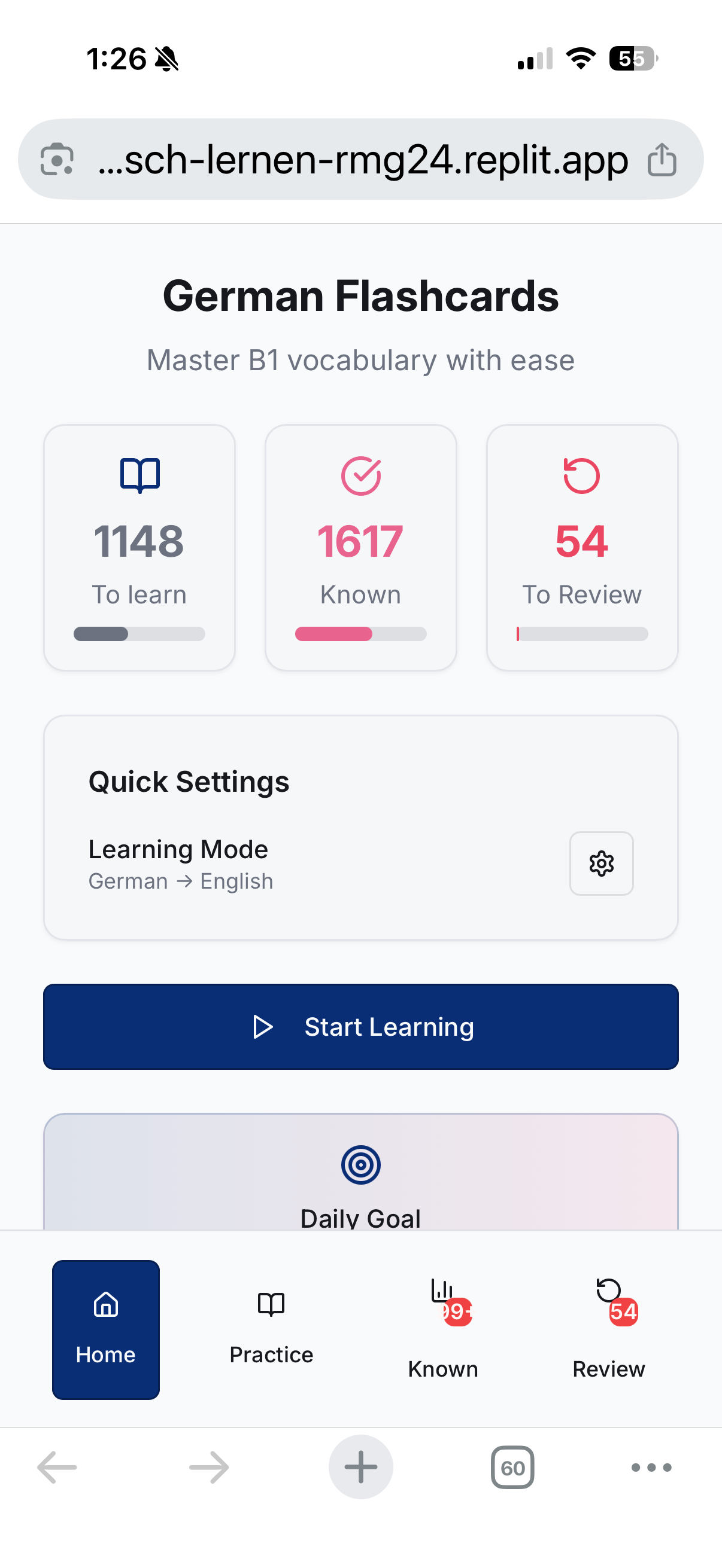 Home: Progress stats and daily goal