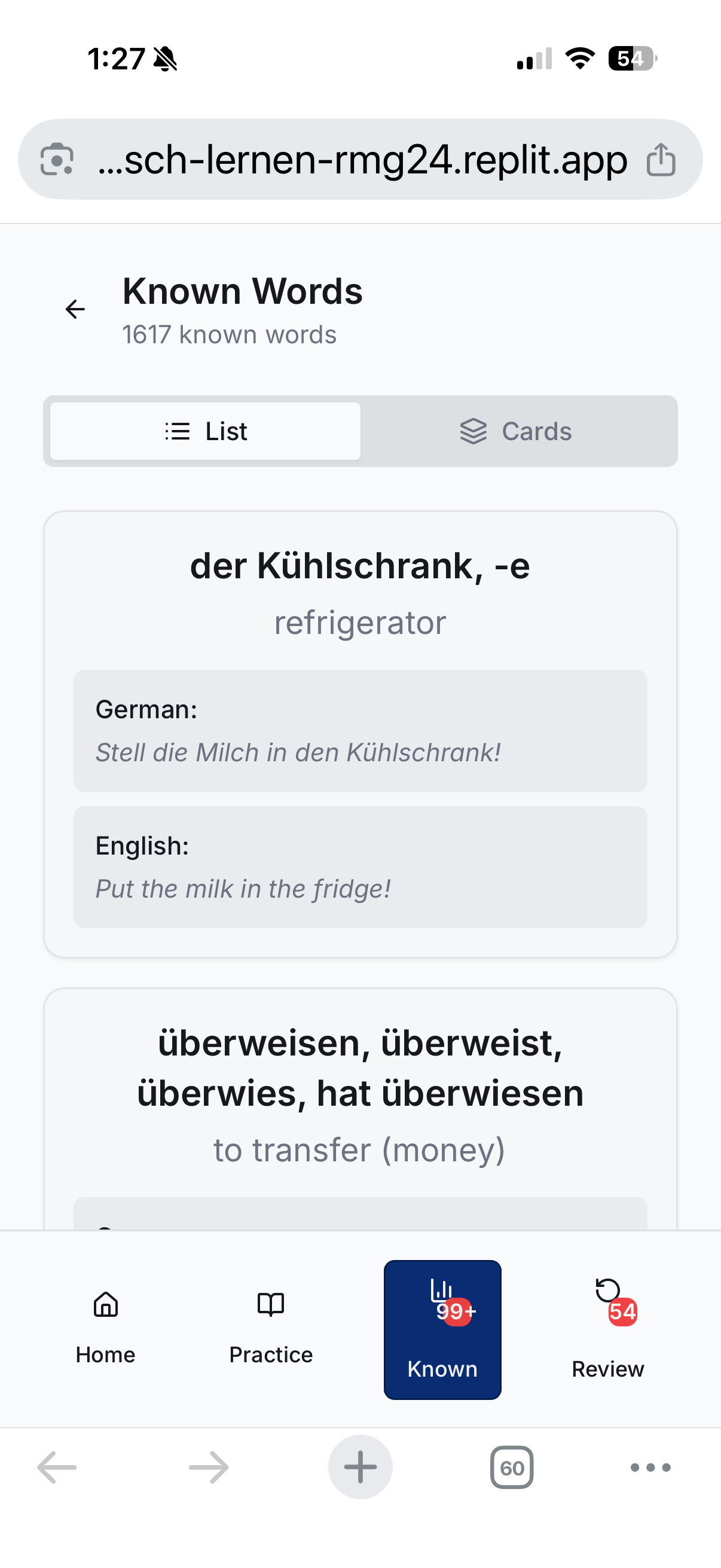 Known Words: List with example sentences