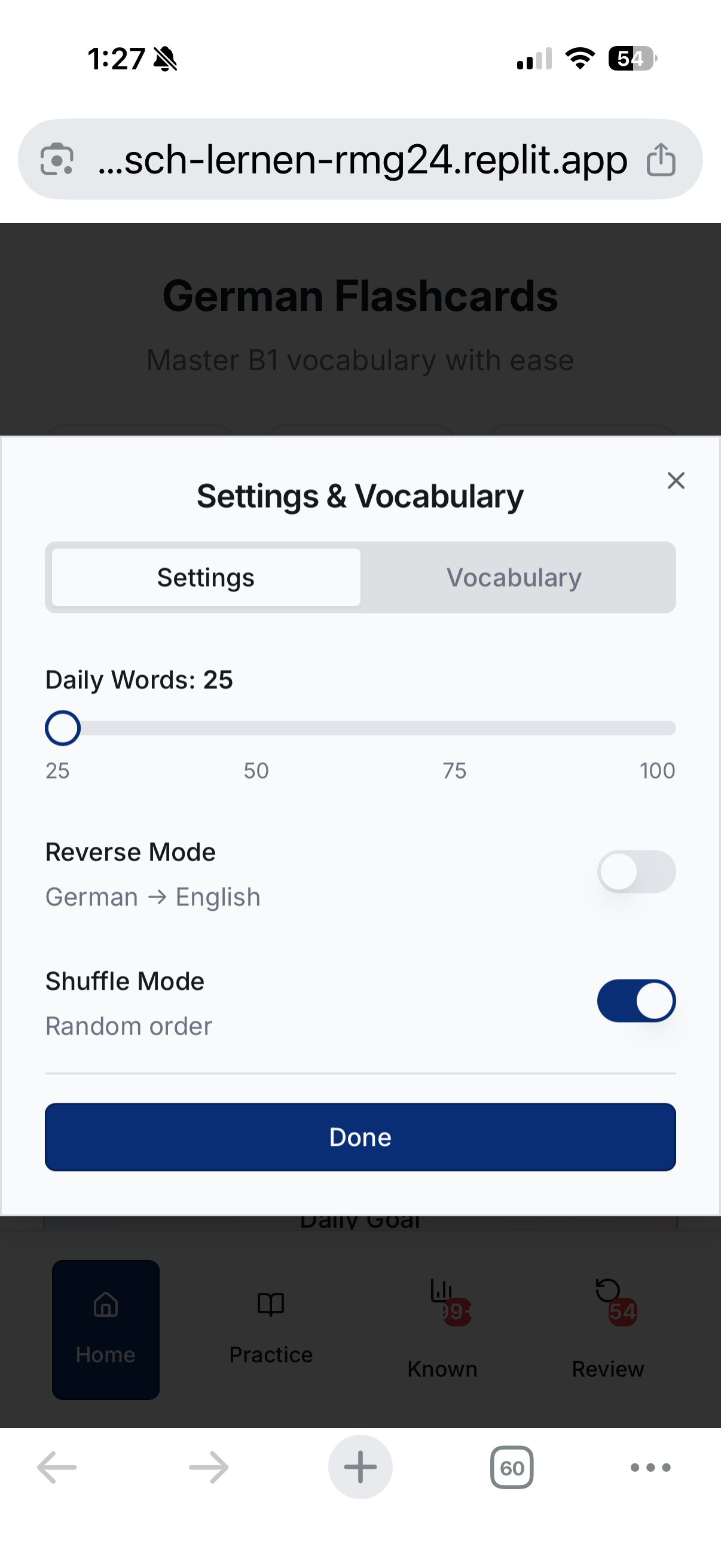 Settings: Daily word count, reverse and shuffle modes
