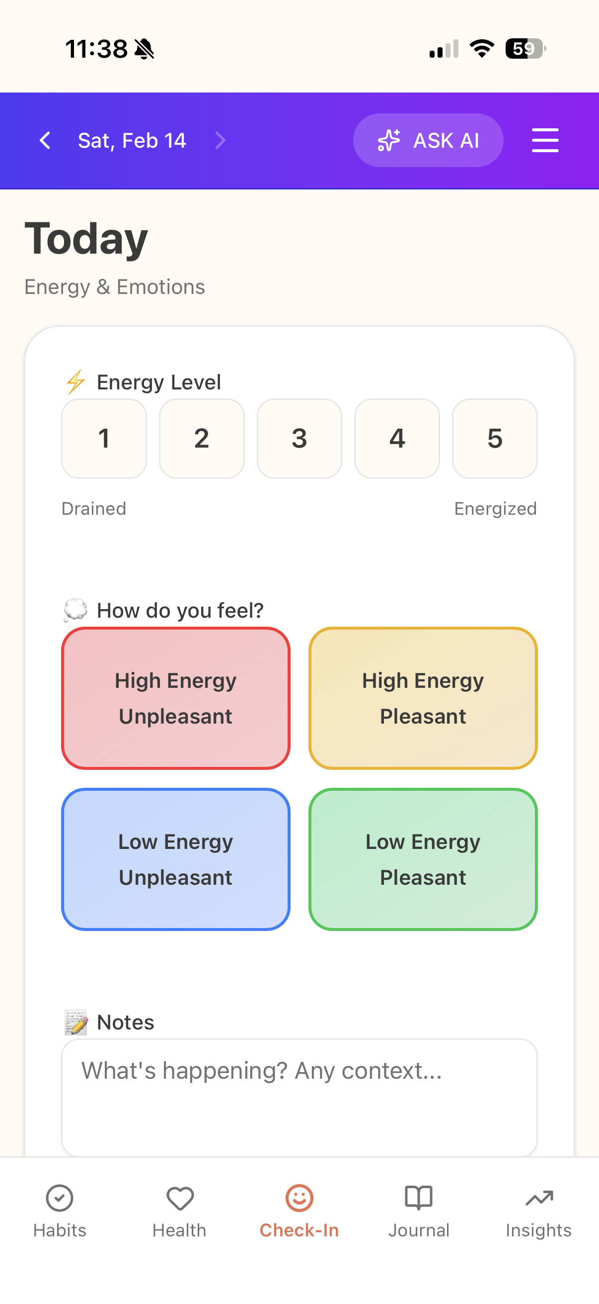 Check-In: Mood meter with energy/emotion quadrants