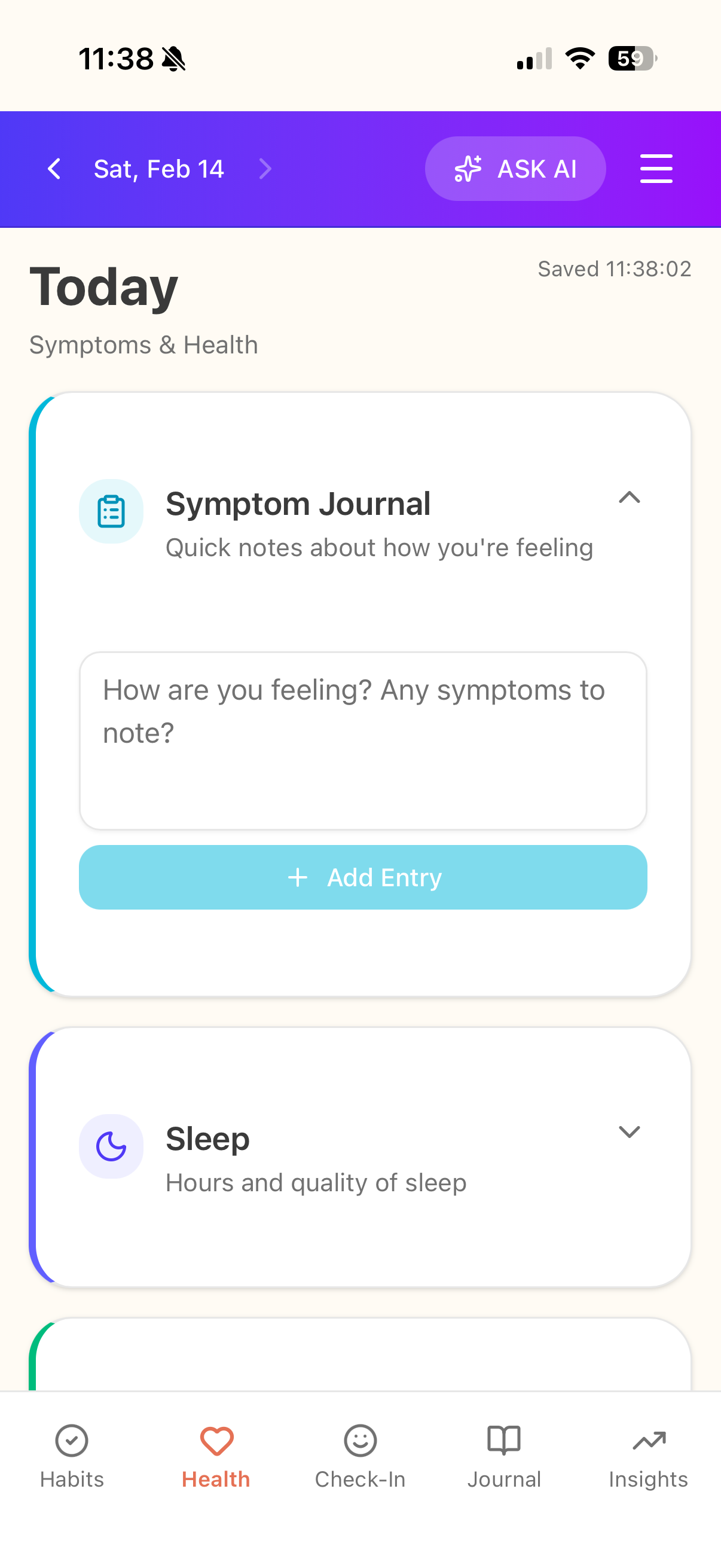 Health: Symptom journal and sleep tracking