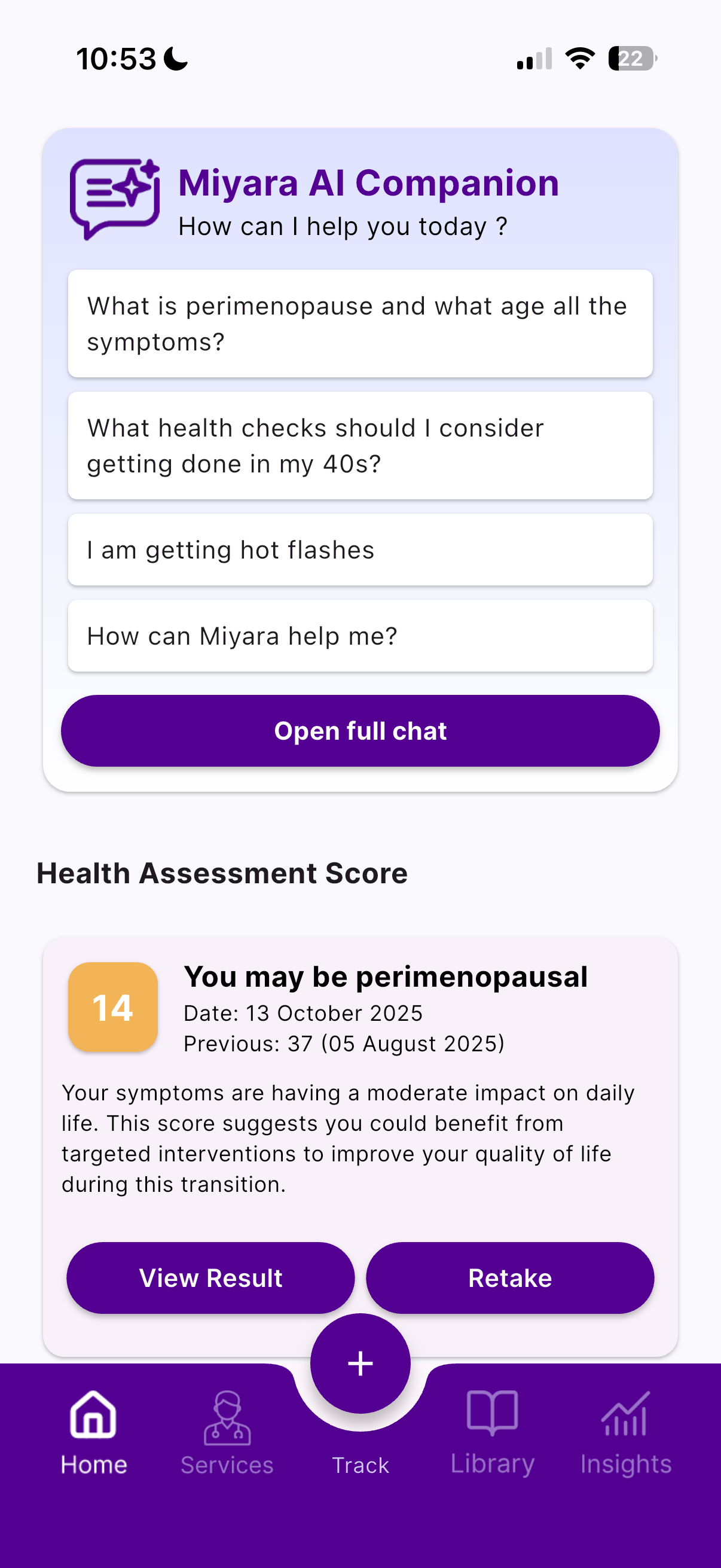 Home: AI companion widget and health assessment score