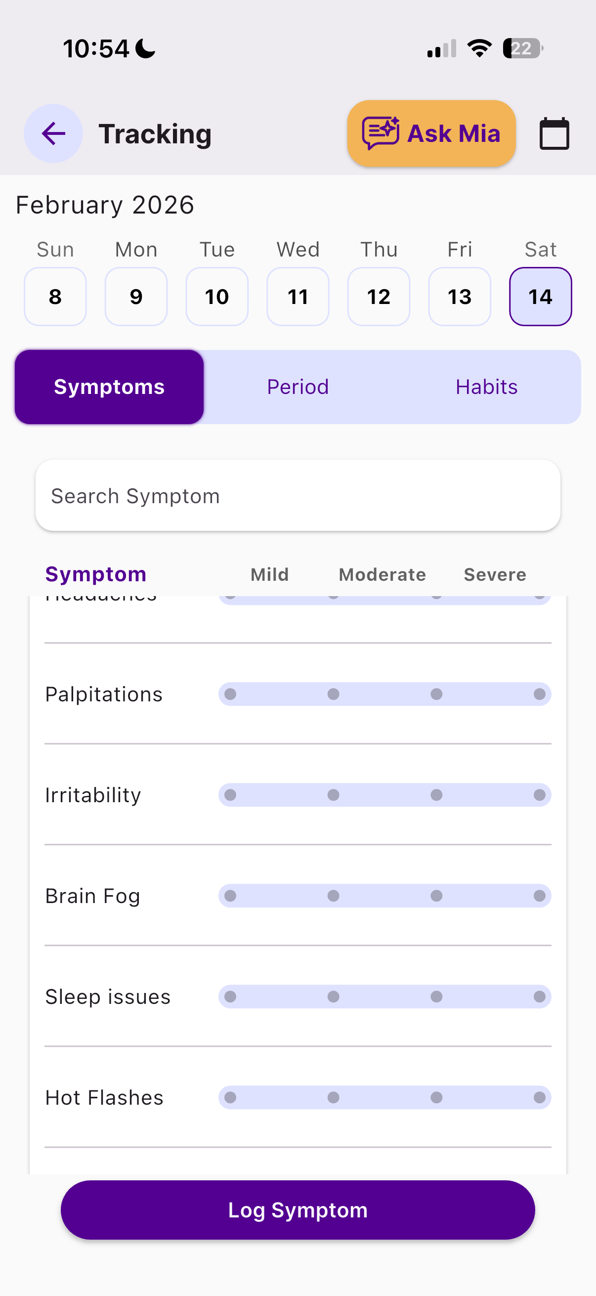 Tracking: Daily symptom logging with severity sliders