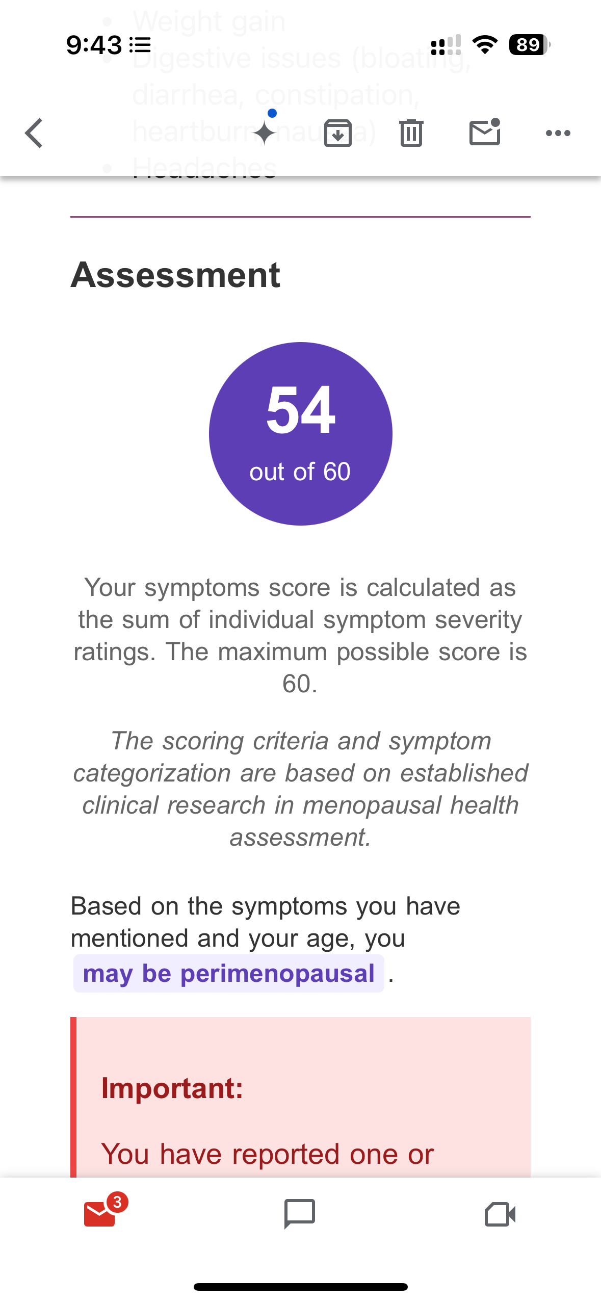 Assessment result: Symptom score 54/60 with menopause stage determination