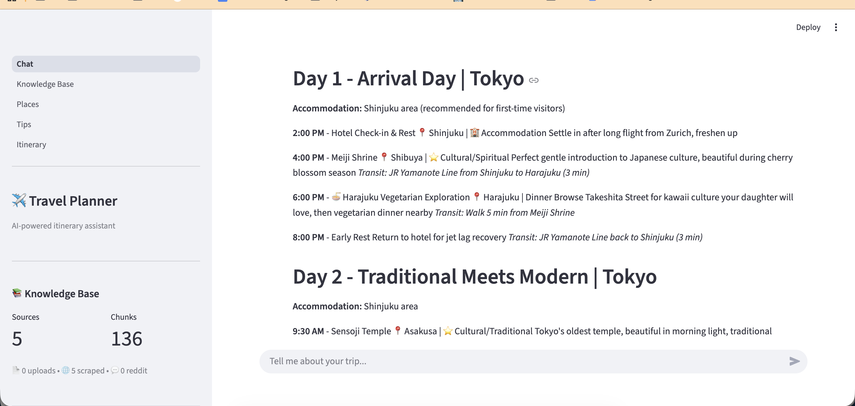 AI-generated day-by-day Tokyo itinerary