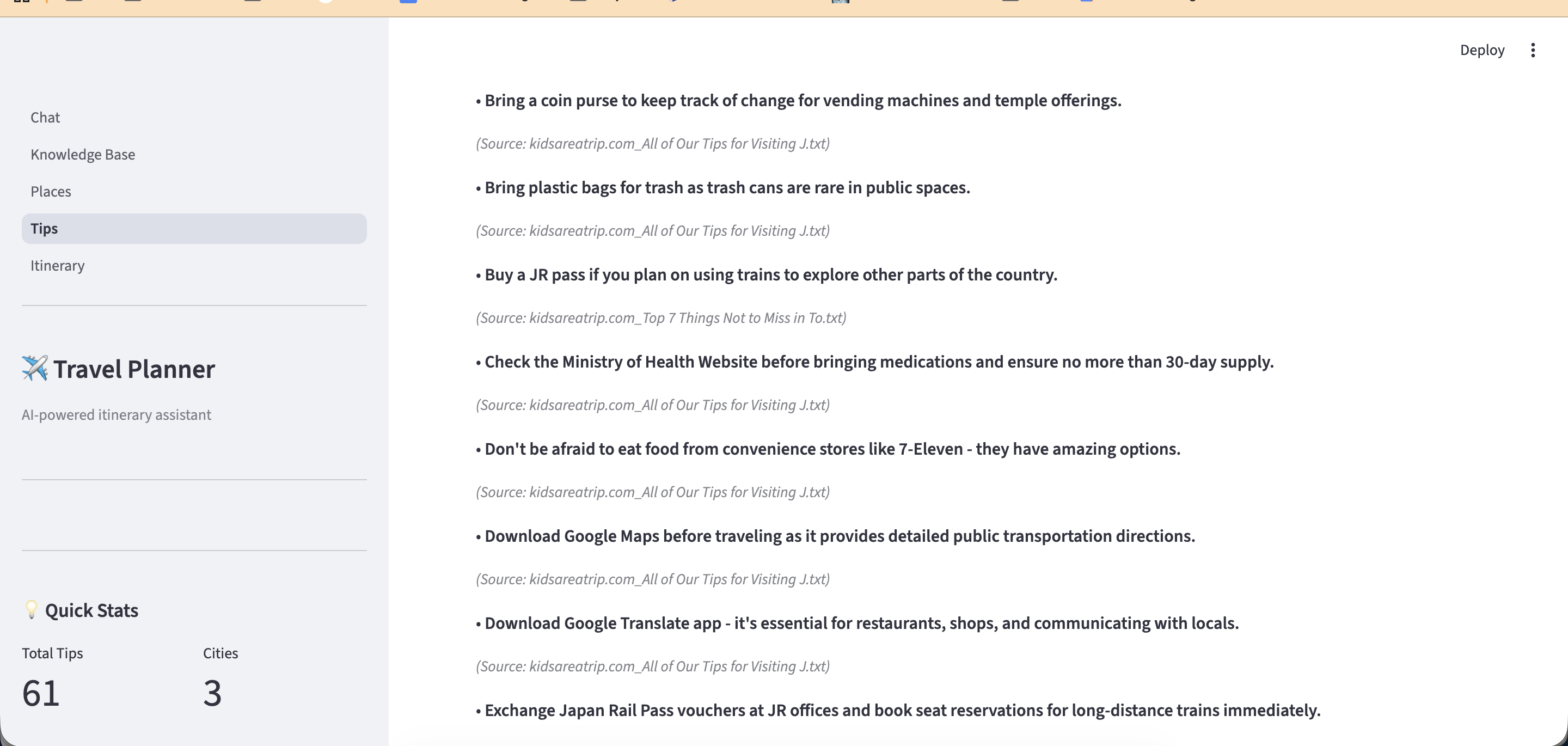 Extracted travel tips with sources